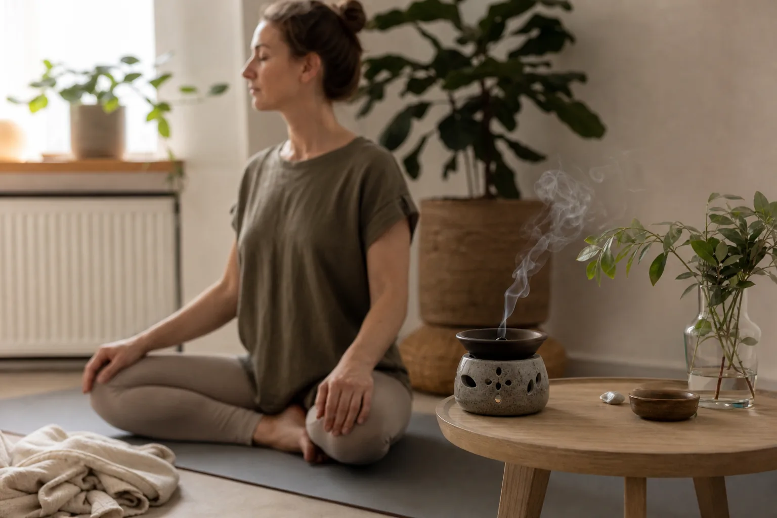 Aromalampa med eteriska oljeflaskor på ett träbord i hemmiljö