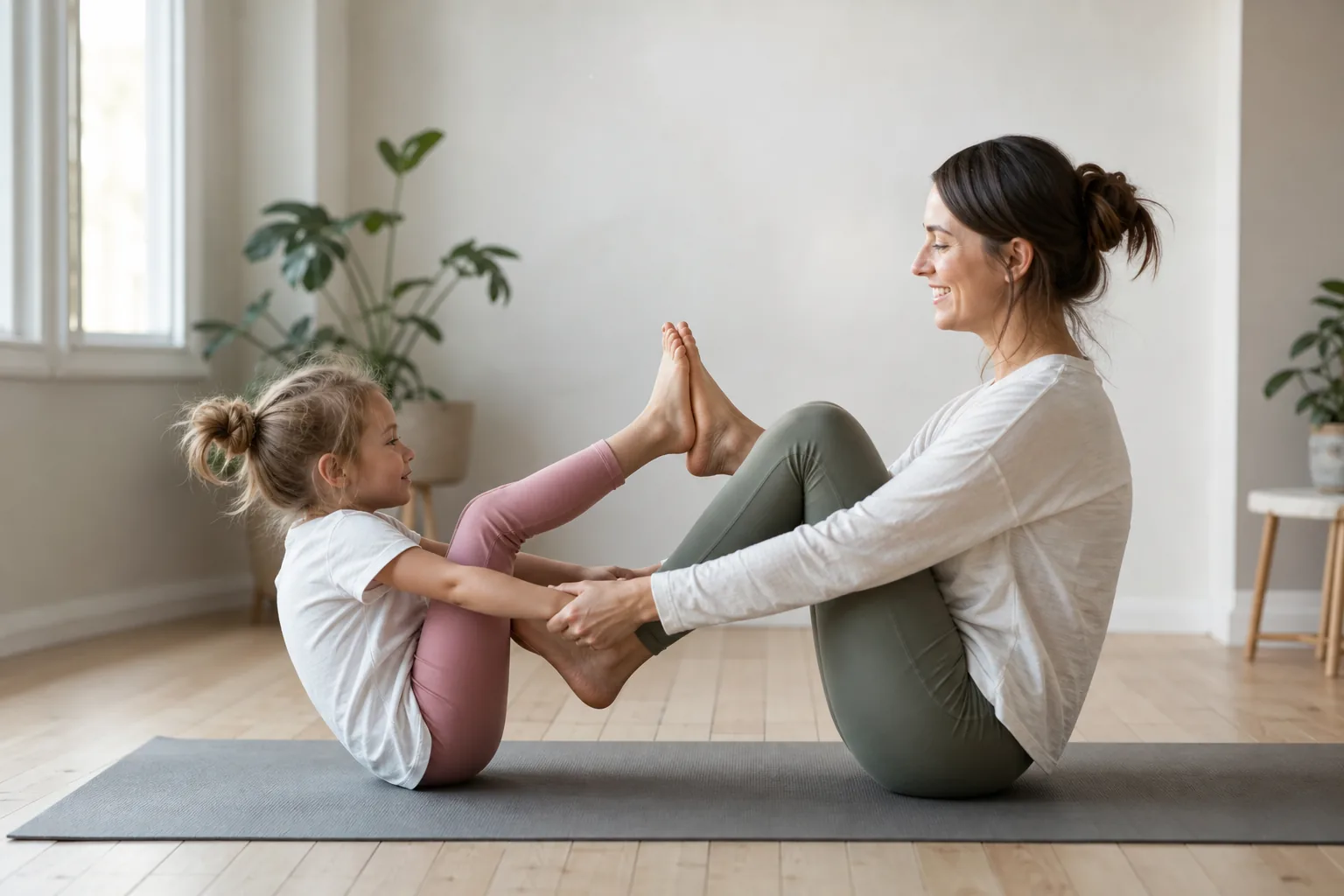 Barn och förälder gör lekfull djurposition tillsammans på yogamatta
