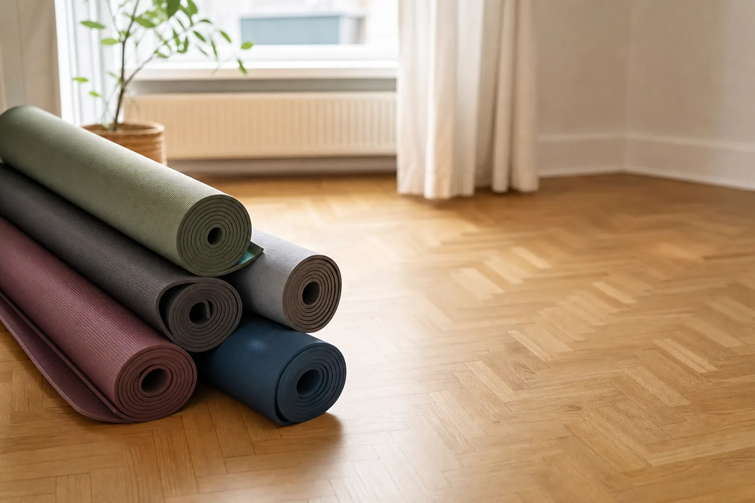 Flera yogamattor i olika färger utrullade sida vid sida för jämförelse