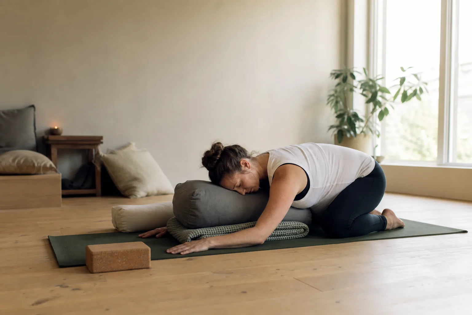 Gravid person i skonsam sittande position med stöd av yogakudde