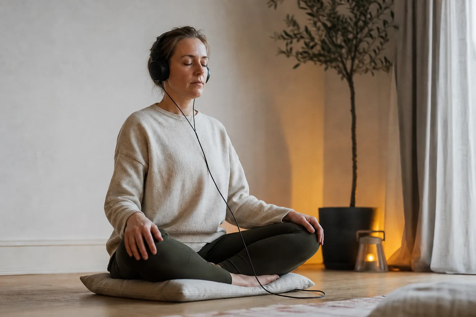 Person lyssnar på guidad meditation via hörlurar i ett lugnt rum