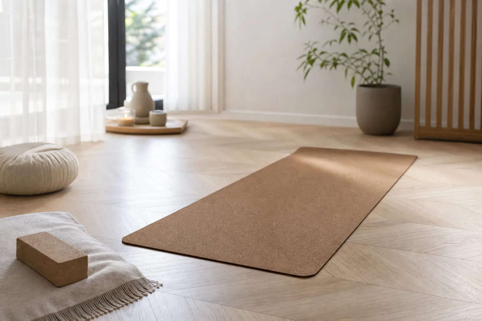 Yogamatta i naturgummi hoprullad med synlig struktur