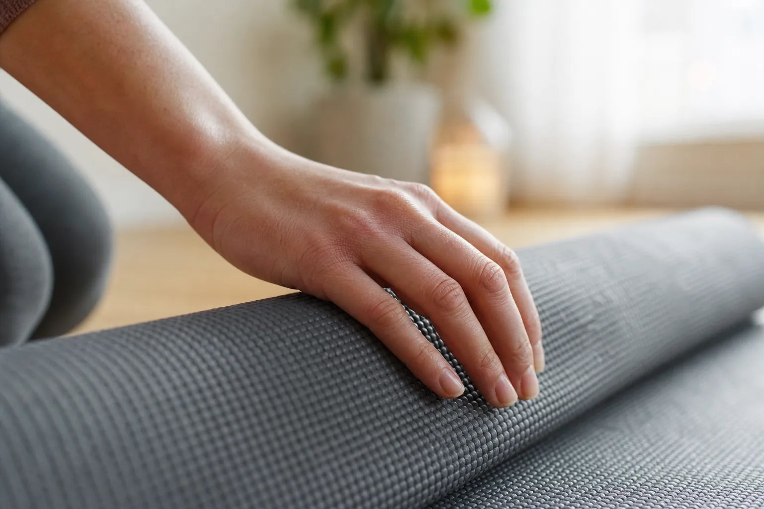 Handflata mot yogamatta i stående position för att visa grepp