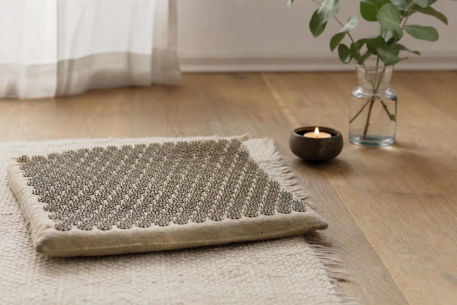 Spikmatta i textil som visas upp för att bedöma material och sömmar