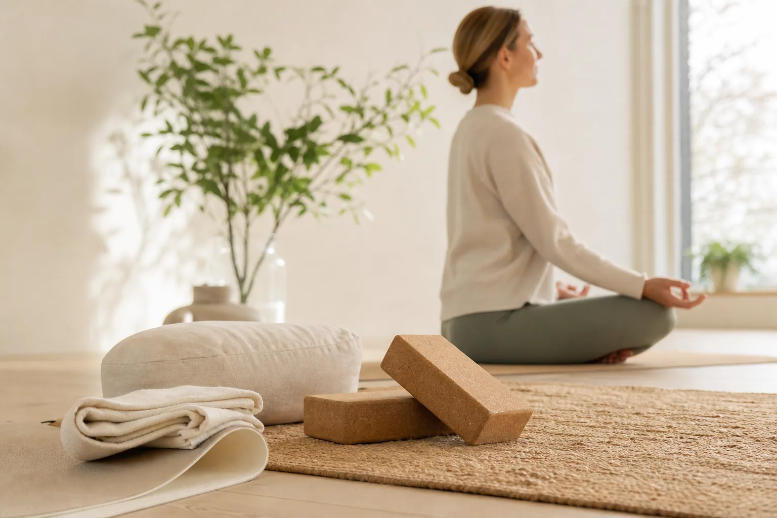 Hoprullad yogamatta i naturmaterial bredvid textiltillbehör