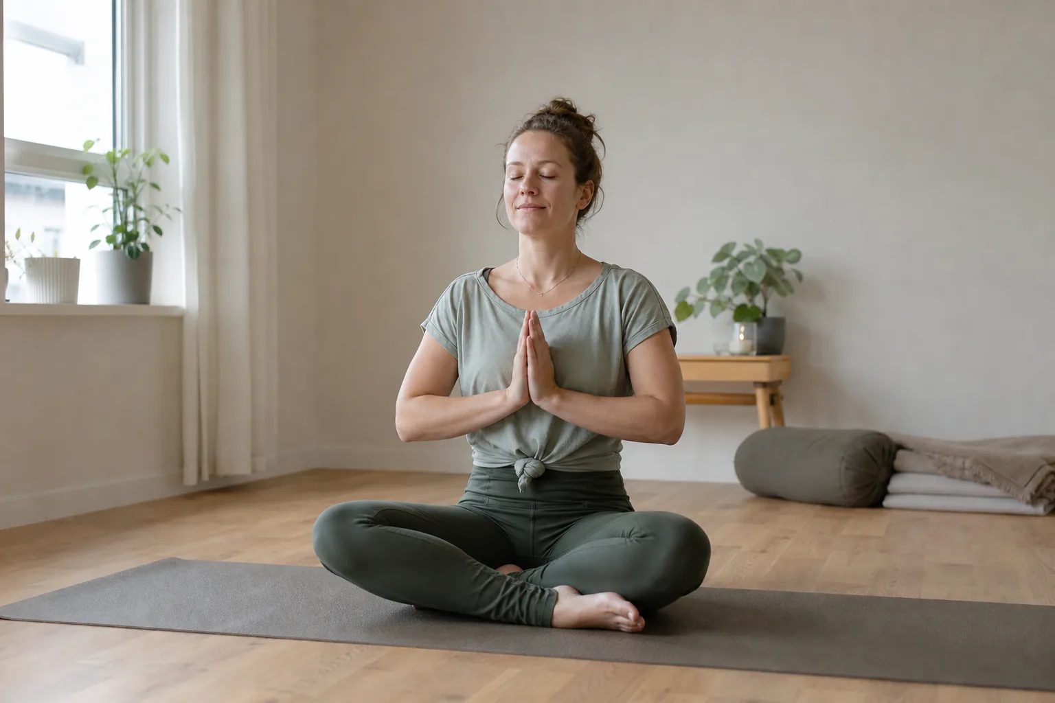 Person i lugn yogaposition på matta i ett ljust rum