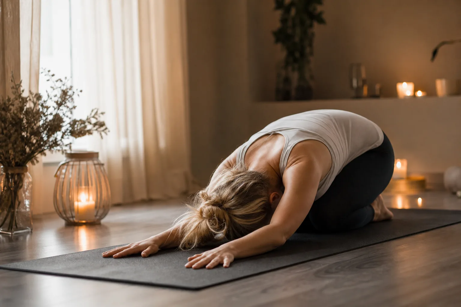 Person med handduk på yogamatta i ett varmt studiorum