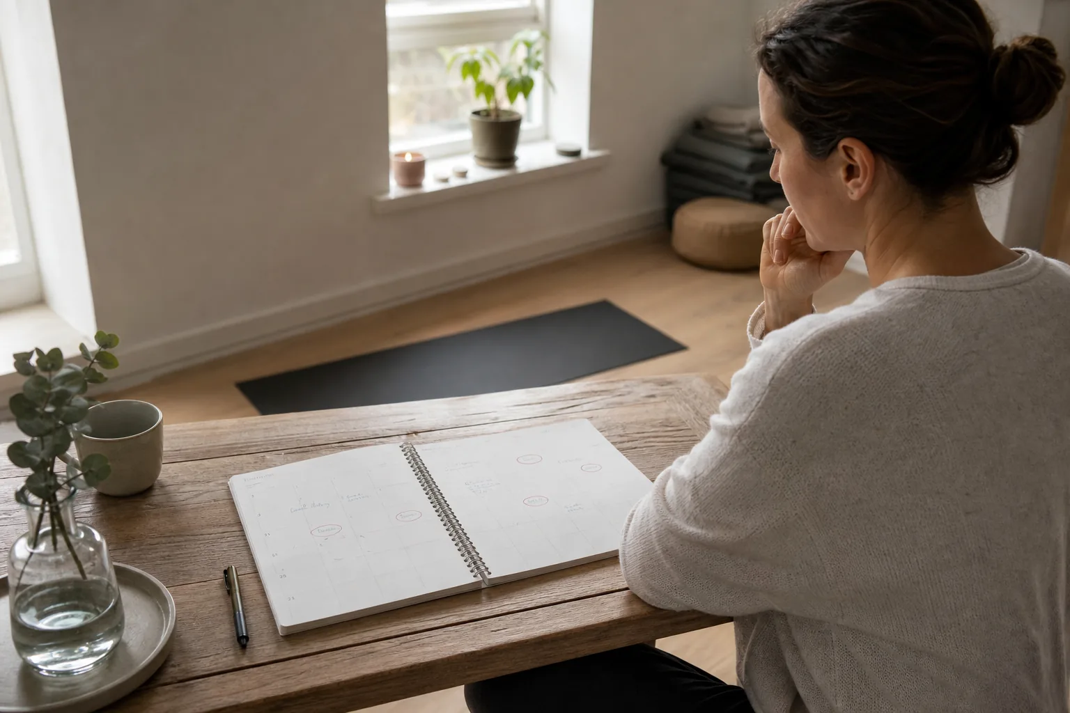 Kalender med inplanerade yogapass bredvid en hoprullad matta