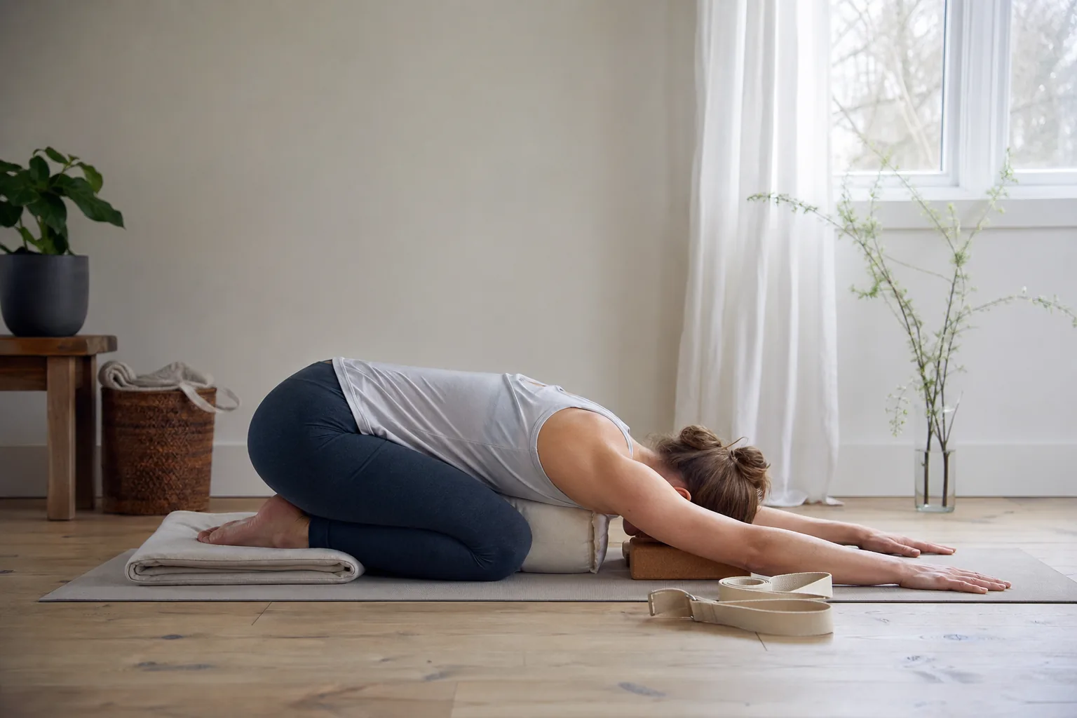 Person som använder yogablock och bälte för att justera en position
