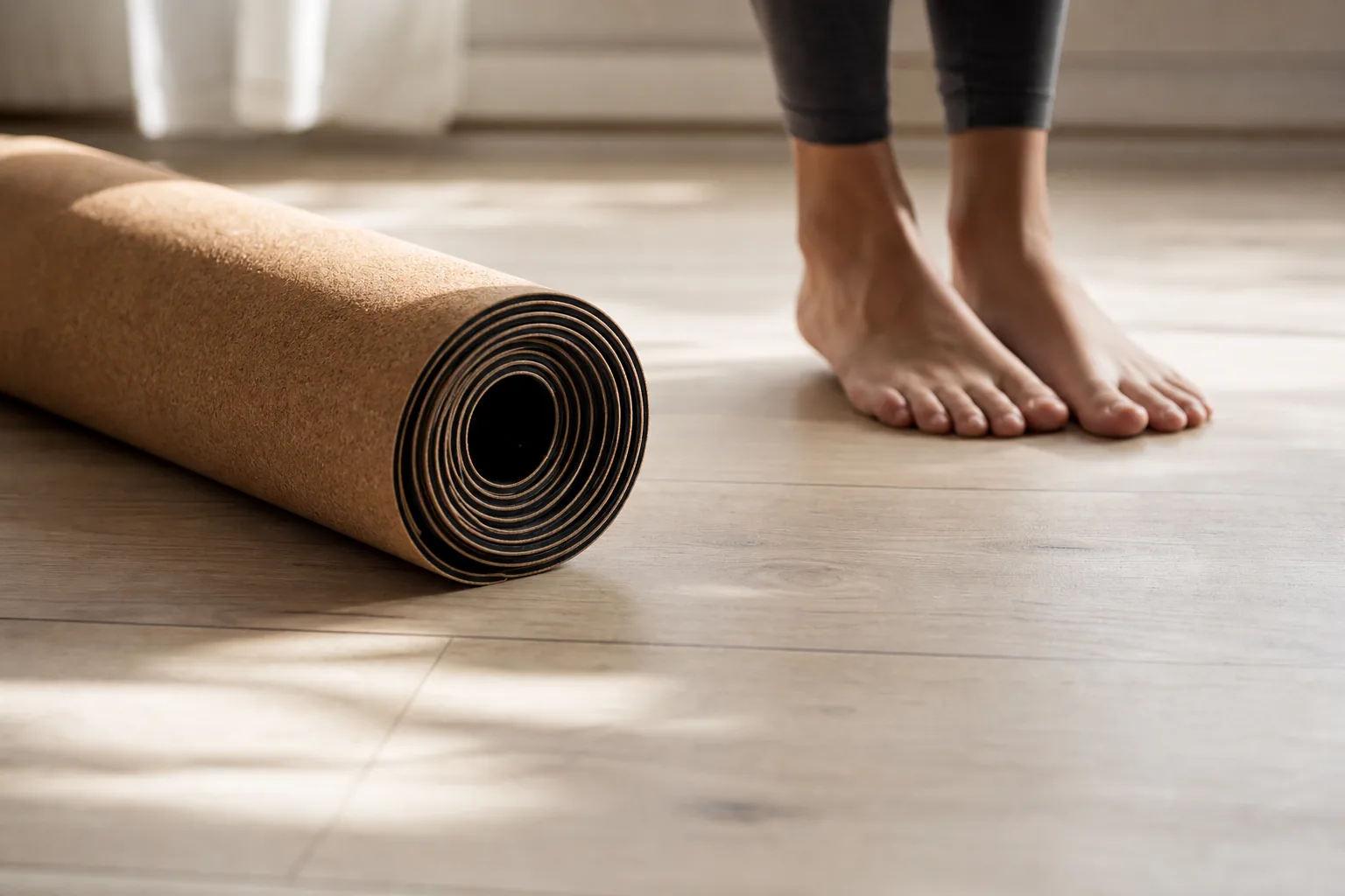 Yogamatta med naturlig korkyta utrullad på trägolv