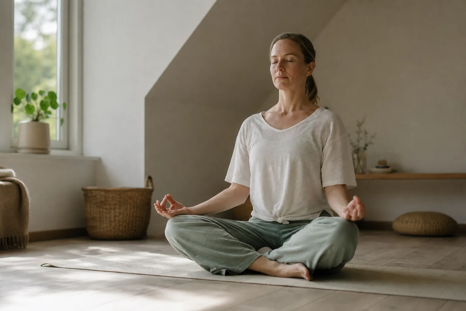 Person i meditativ sittande position under en kundaliniklass