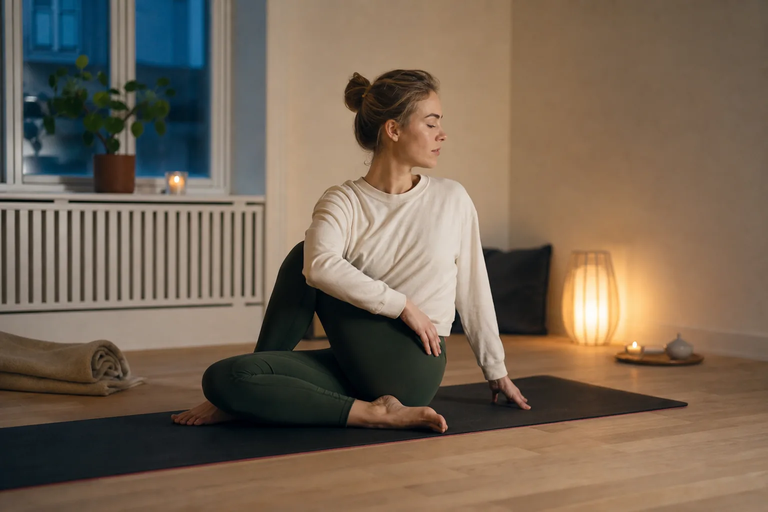 Lugn kvällsyoga hemma i dämpat ljus före läggdags