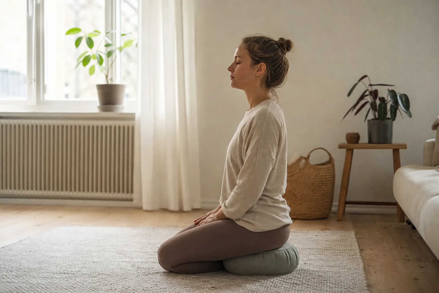 Person sitter i en enkel, avslappnad hållning inför sin första meditation