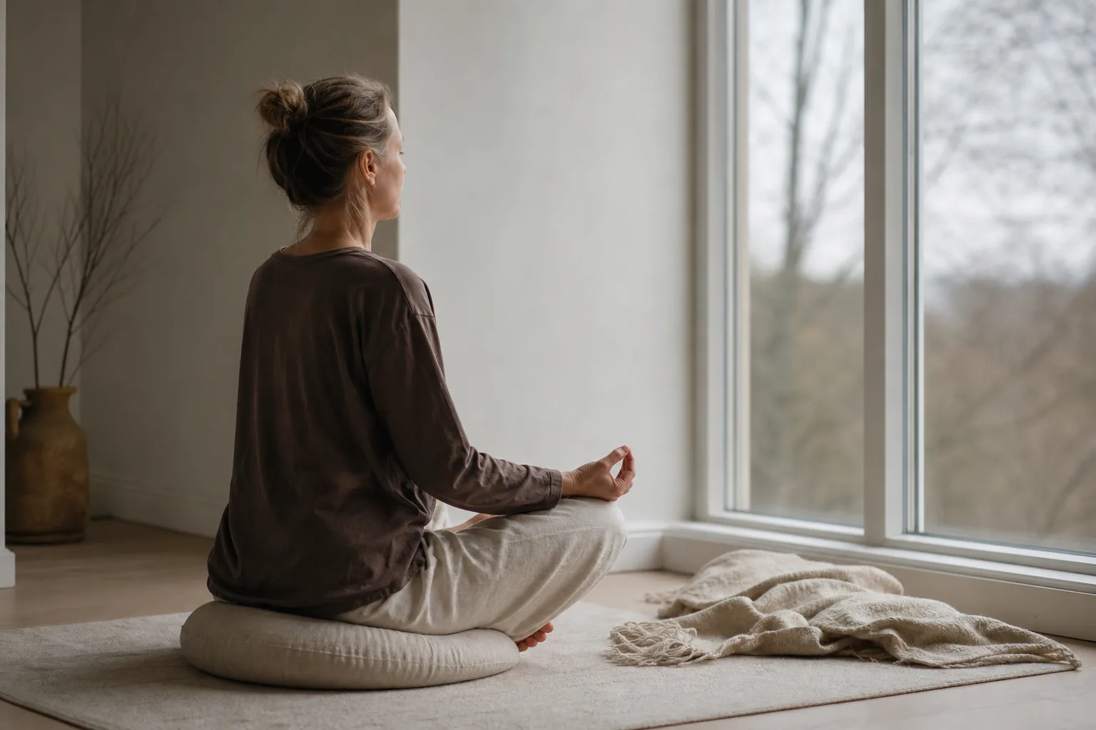 Person sitter lugnt en kort stund mitt i en stressig vardag
