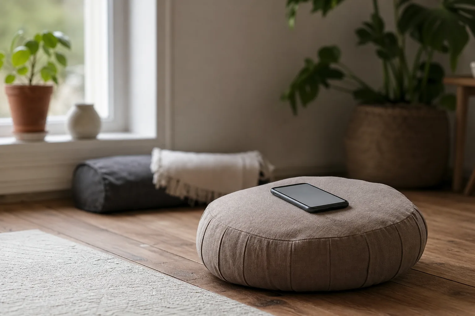 Mobiltelefon med en meditationsapp öppen på skärmen