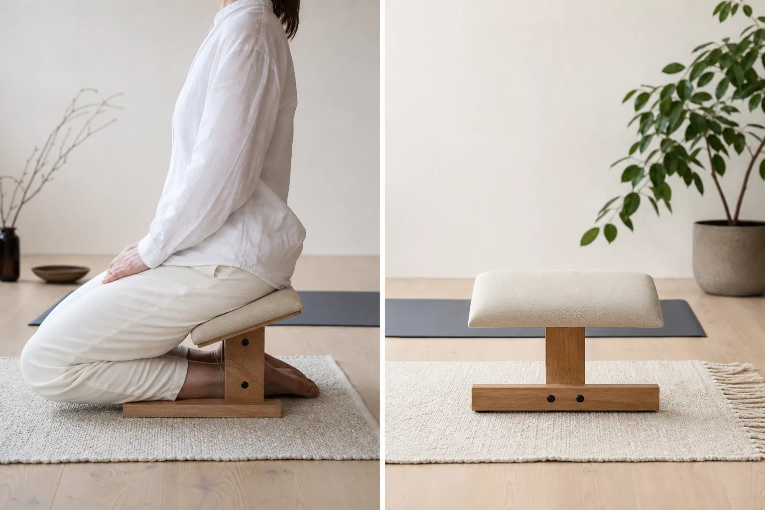 Låg meditationsbänk i trä för knästående sittställning