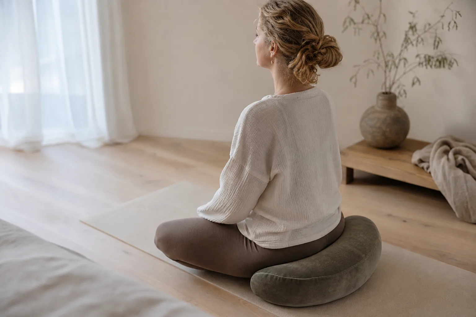 Rund meditationskudde placerad på golvet inför en sittande meditation