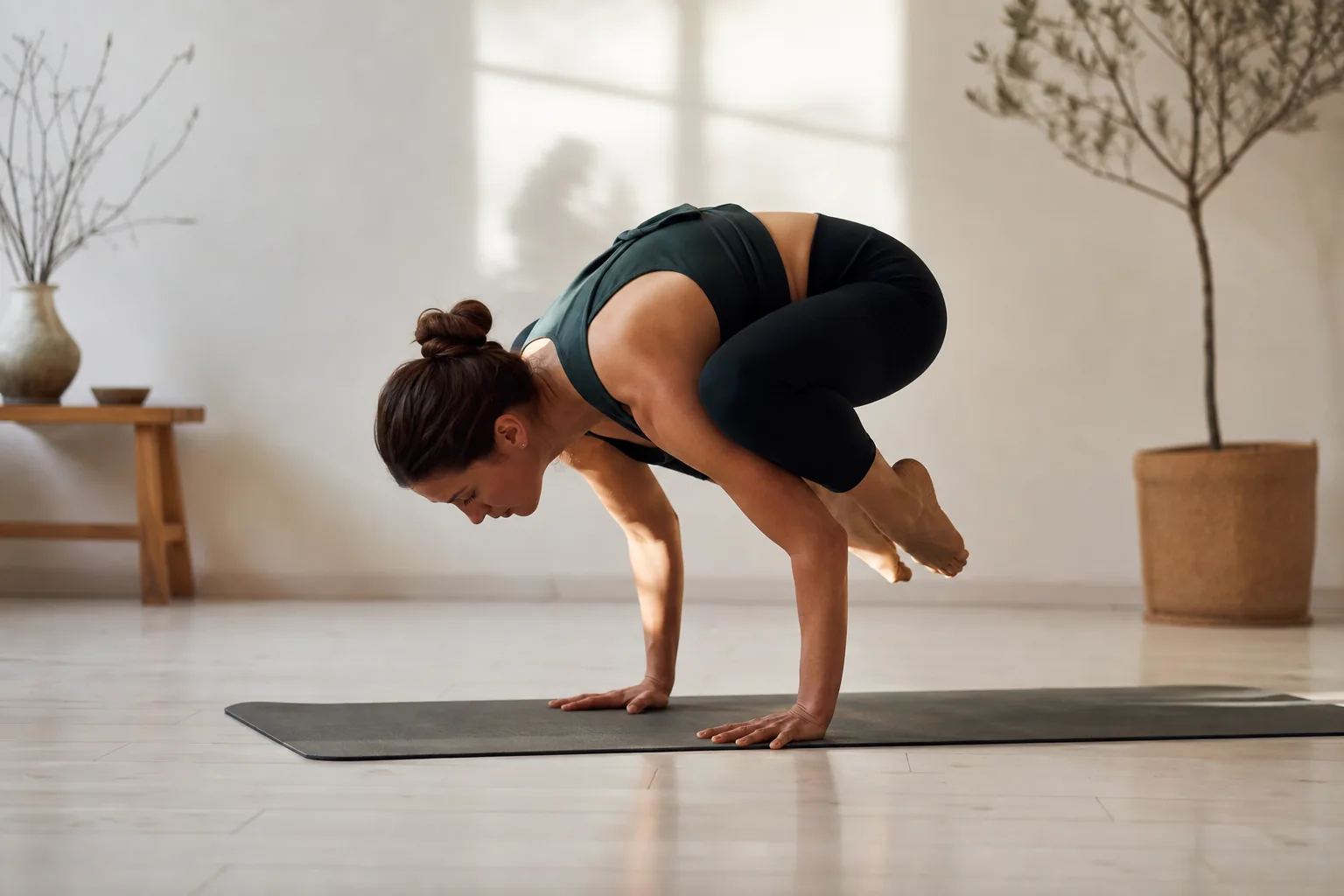 Person i dynamisk rörelse under ett power yoga-pass