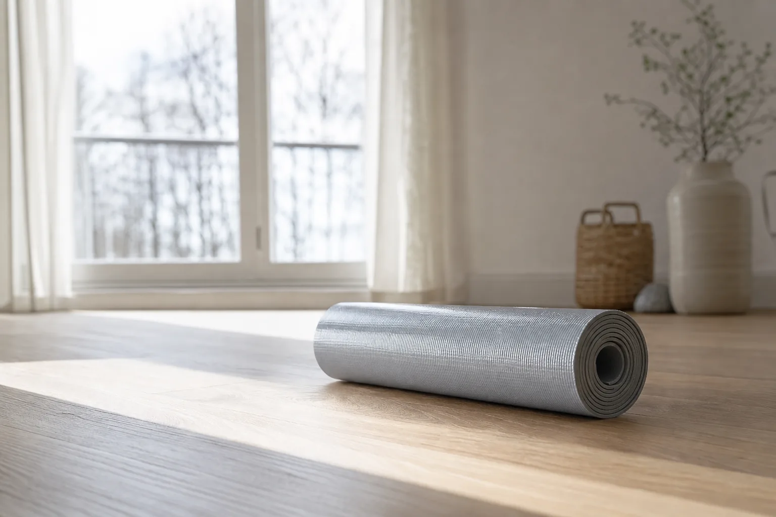 Tjock PVC-yogamatta hoprullad och stående mot vägg