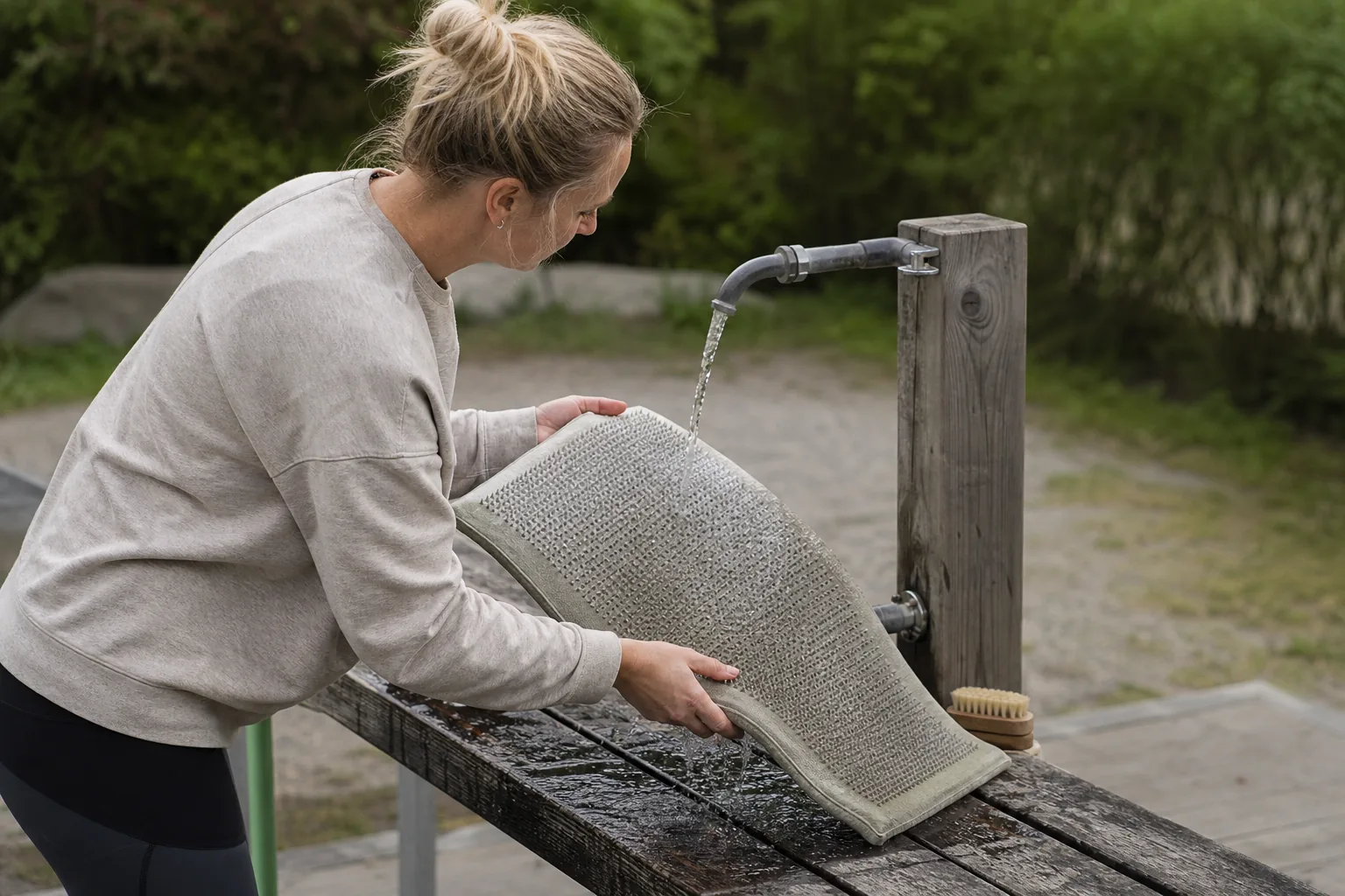 Spikmatta som torkas av med trasa och en tvättkorg i bakgrunden