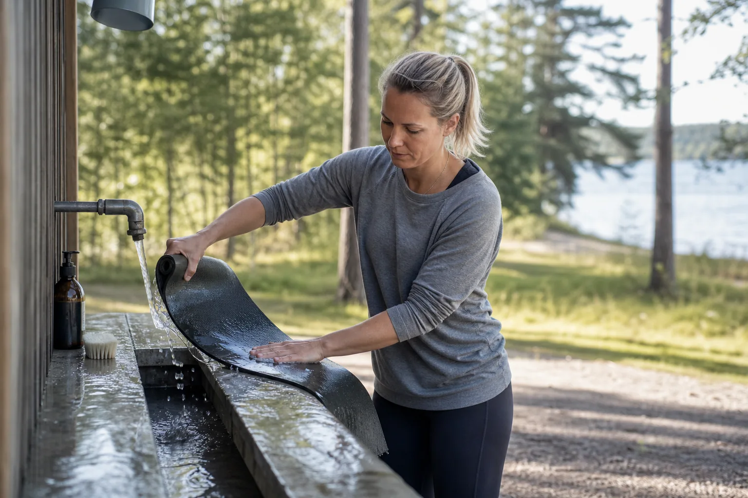 Yogamatta som torkas av med trasa efter träningspass