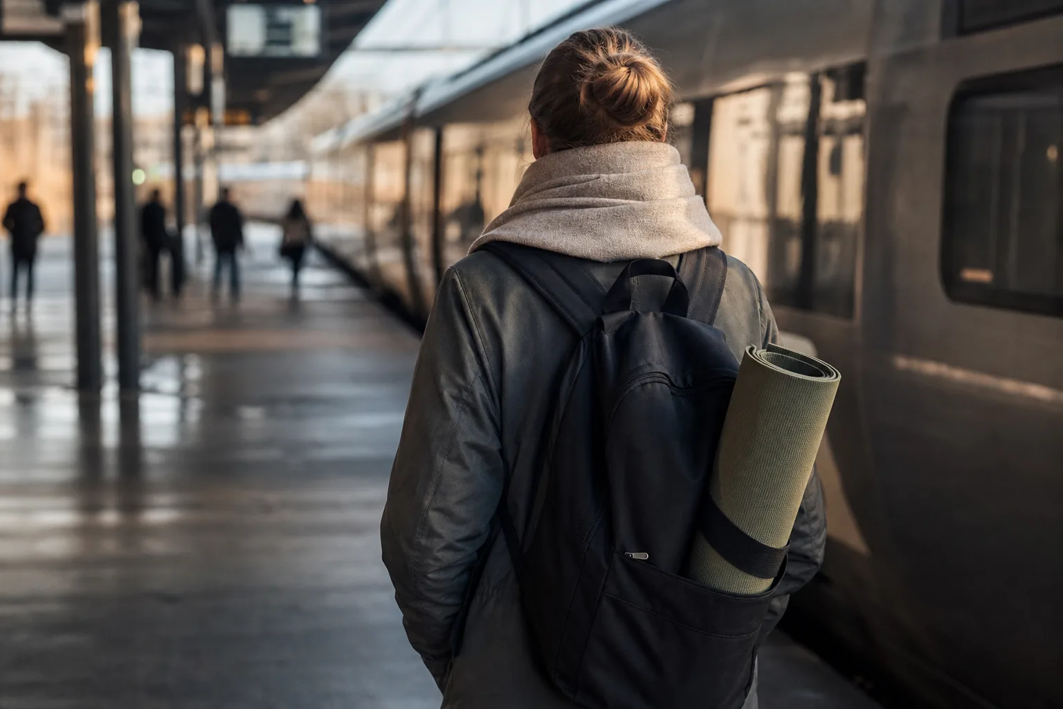 Hopvikt reseyogamatta bredvid packad resväska