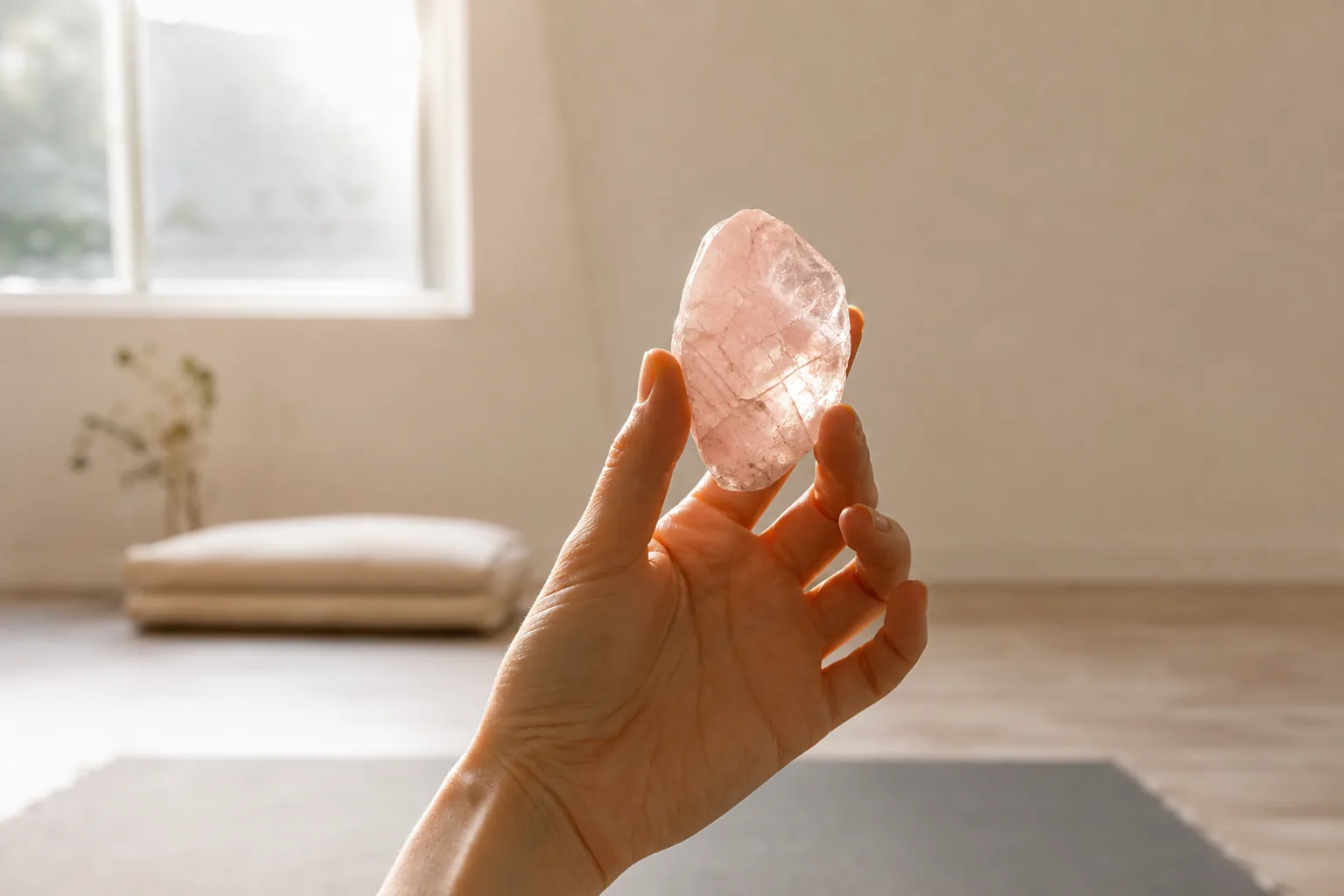 Rosenkvarts i mjuka rosa nyanser, slipad till en trumlad form
