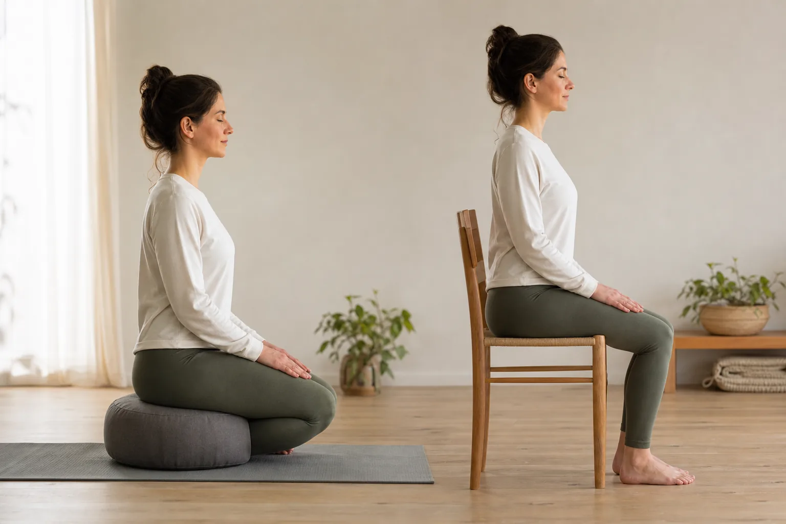 Tre sätt att sitta vid meditation: på stol, på golvet och med kudde