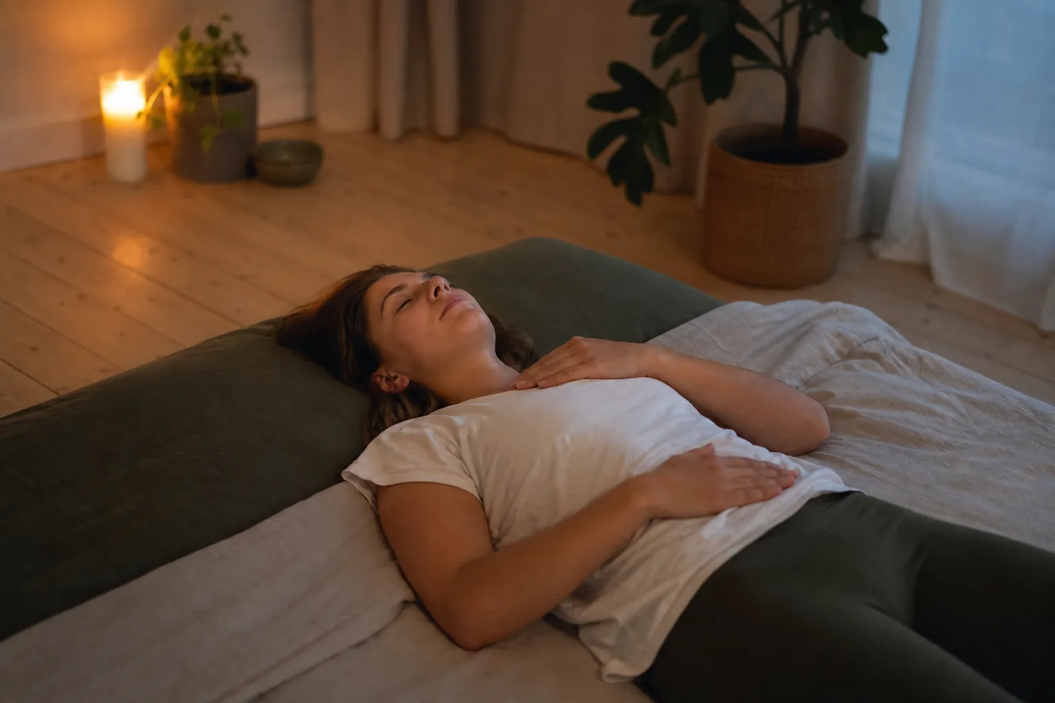 Person lyssnar avslappnat på en guidad kvällsmeditation i sängen