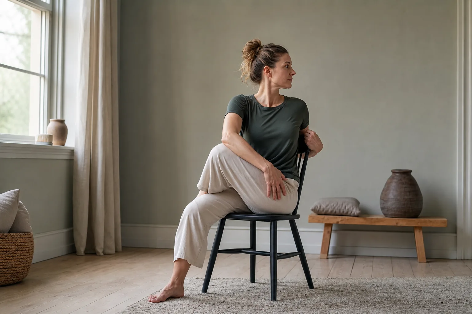 Person utför mjuk vridning sittande på stadig stol under stolyoga