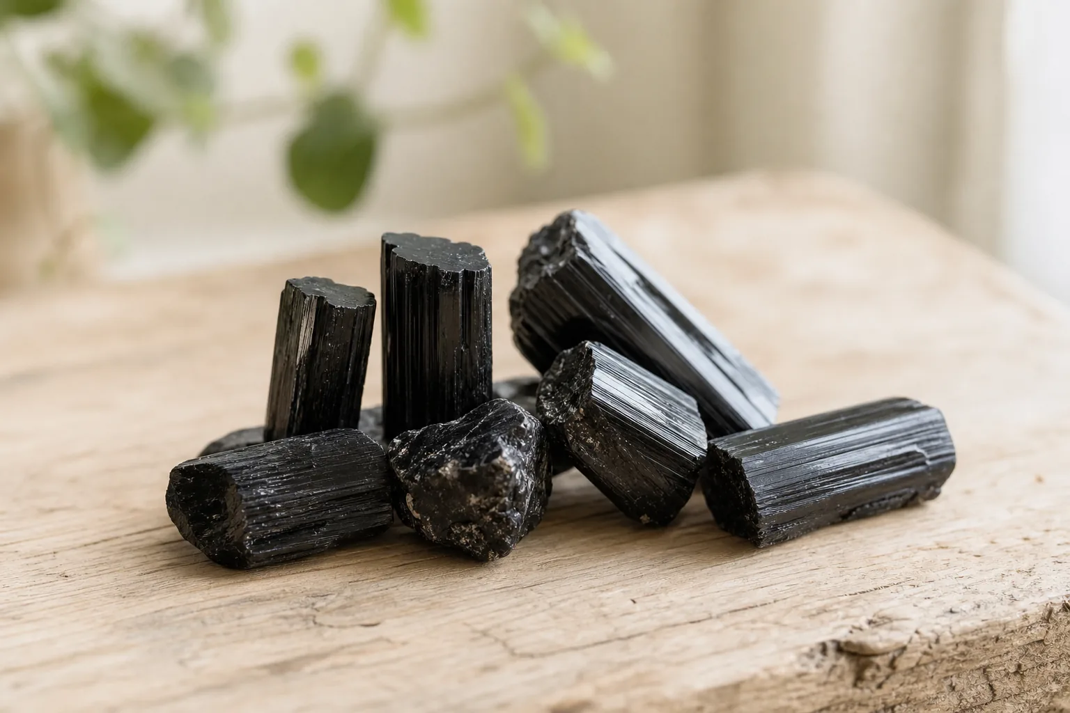 Svart turmalinkristall, schorl, med avlånga stavformade kristaller