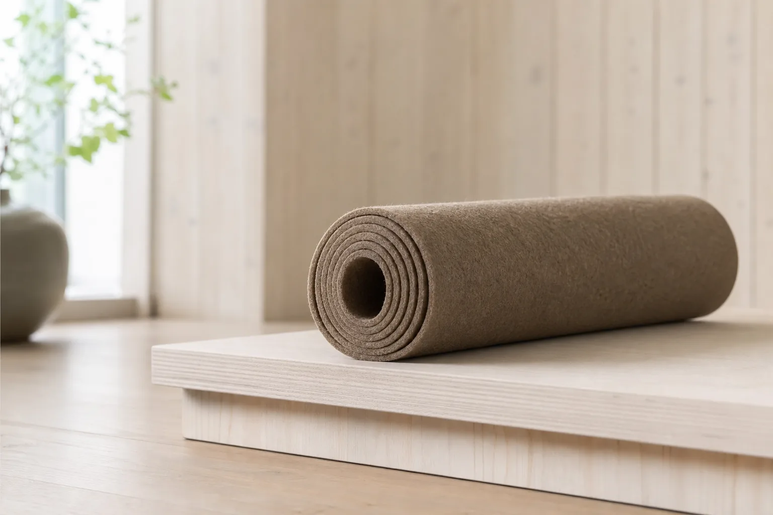 Yogamatta med topplager i ull i varma toner