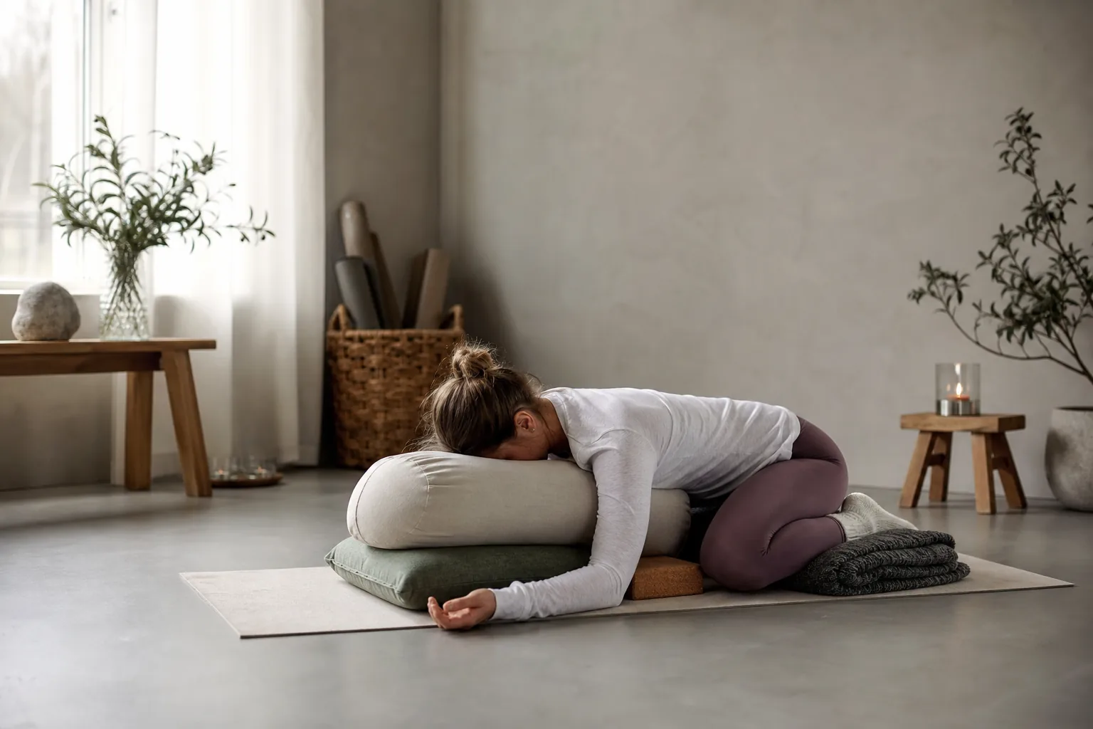 Person i stödd sittande yogaposition med bolster och filt på mattan