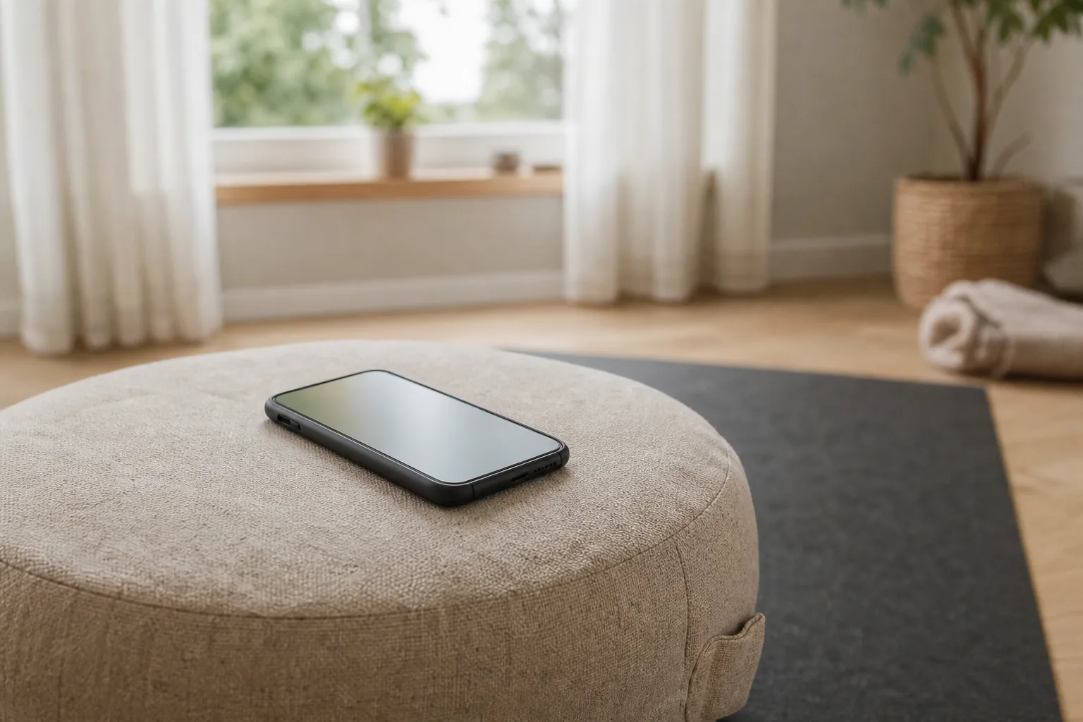 Yoga-app öppen i mobiltelefon bredvid utrullad yogamatta