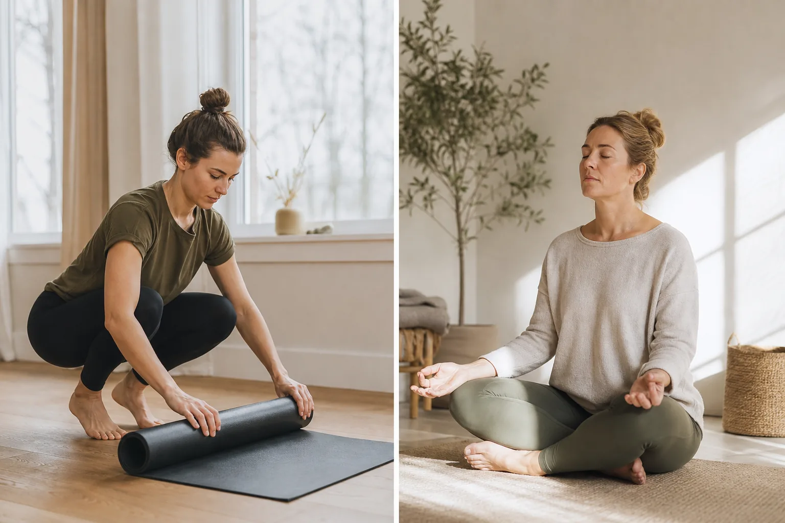 Yogamatta och meditationskudde placerade bredvid varandra i ett tyst rum