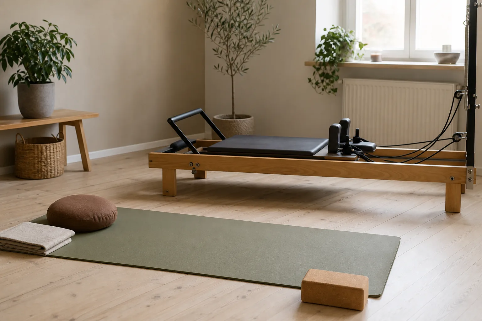 Yogamatta och pilatesutrustning uppradade bredvid varandra på golvet