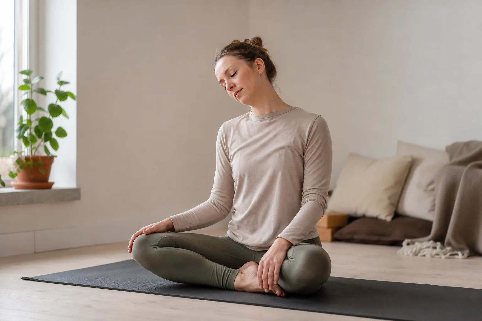 Person gör mjuk axelrörelse i sittande som del av yoga för nacke och axlar