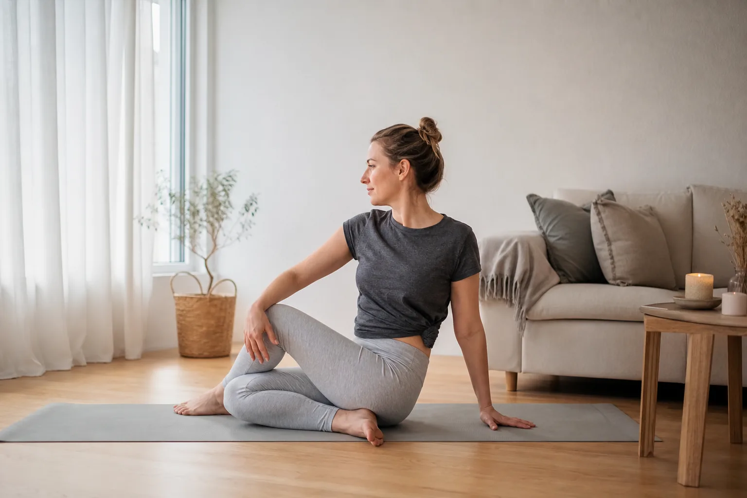 Nybörjare i yogaklass som får instruktion av lärare på matta