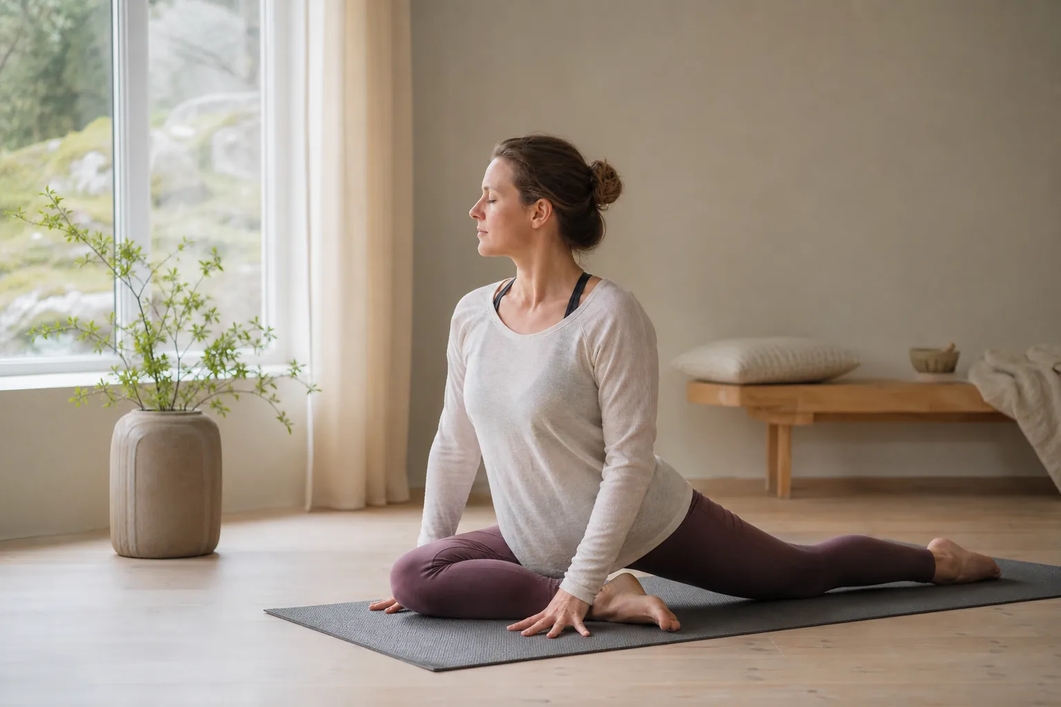Person utför mjuk framåtböjning på yogamatta för att utforska rörlighet