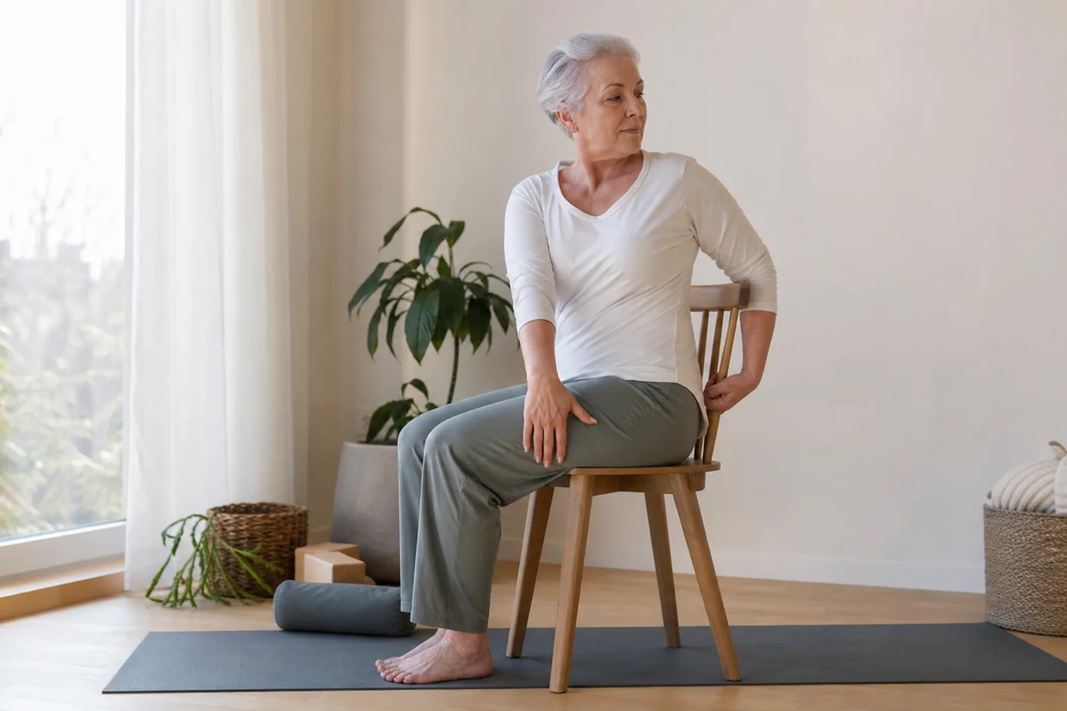 Senior i lugn stående balansövning under yogapass med stödyta nära till hands