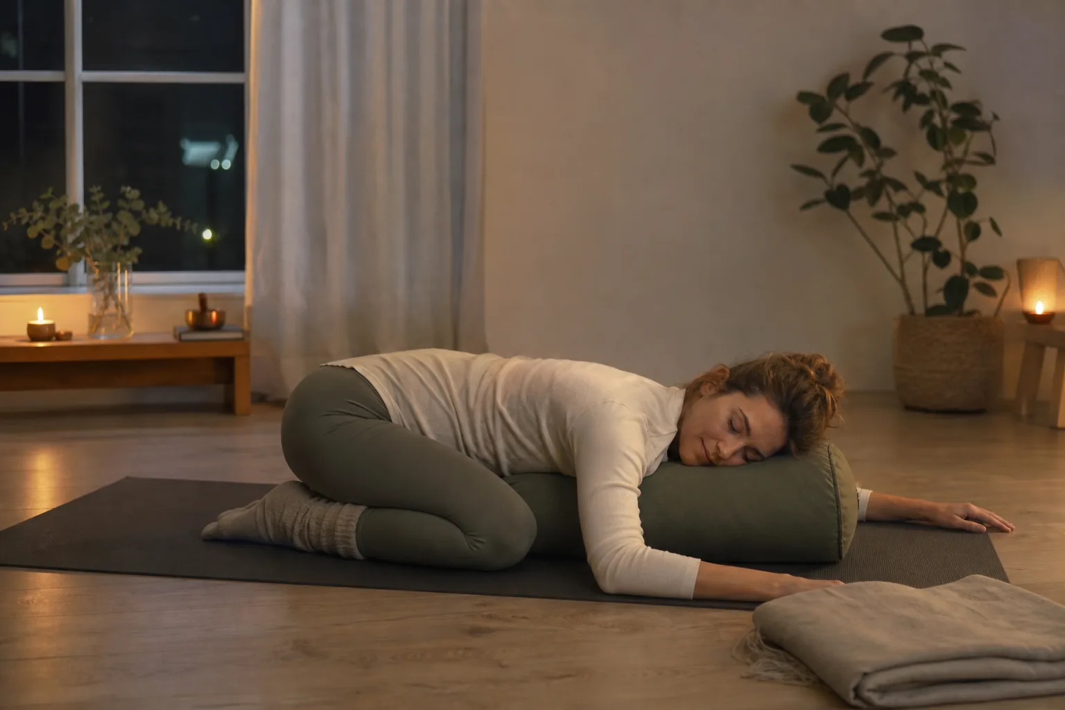 Person i mjuk liggande viloställning på yogamatta på kvällen