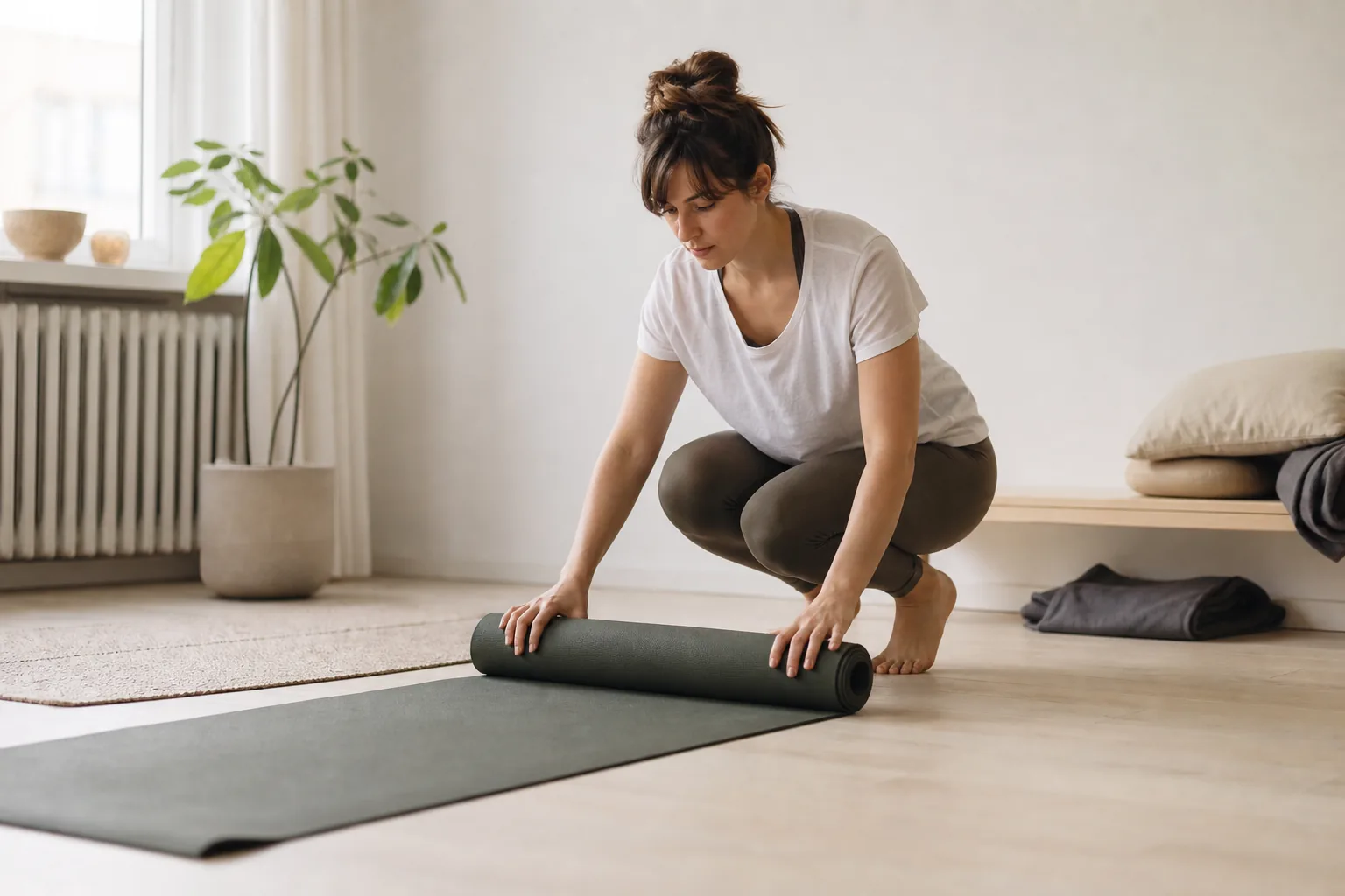 Nybörjare övar yoga hemma på matta i enkel hemmiljö