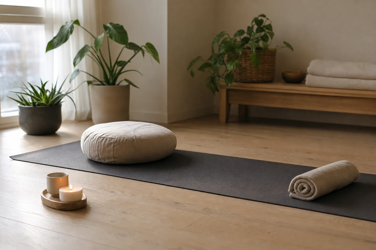 Liten inredd yogahörna hemma med utrullad matta, växt och förvaringskorg