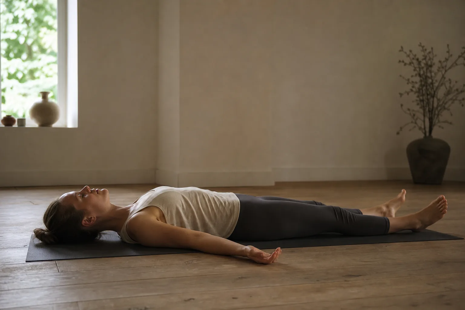 Person liggande stilla på matta med filt under en yoga nidra-session