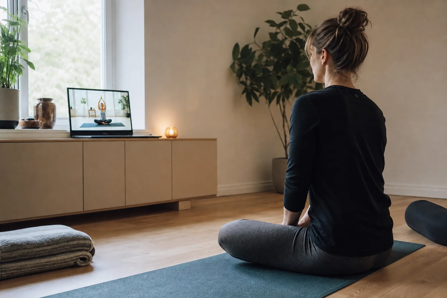 Person följer yogapass online på laptop hemma på mattan