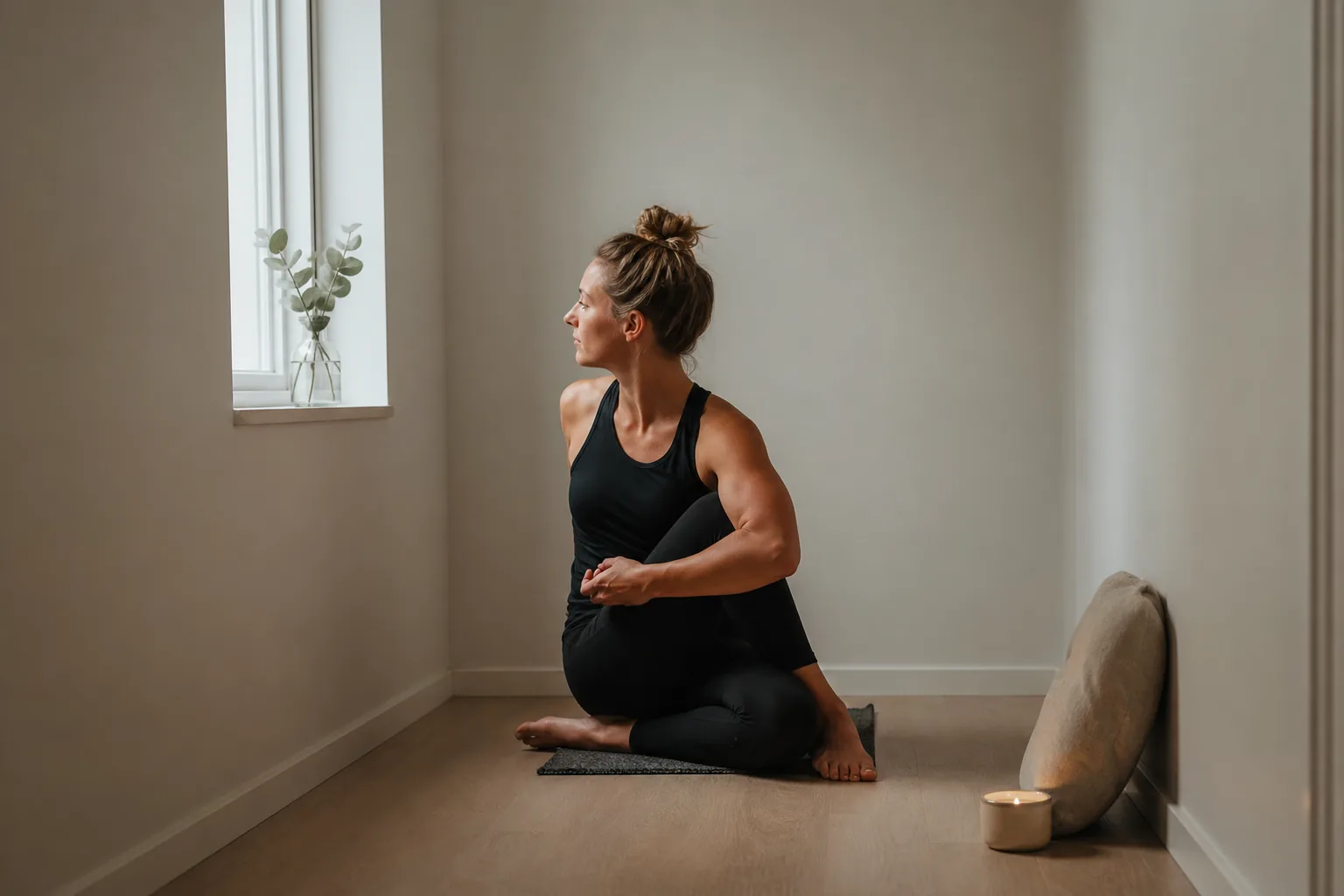 Yogamatta utrullad på liten golvyta i en kompakt lägenhet