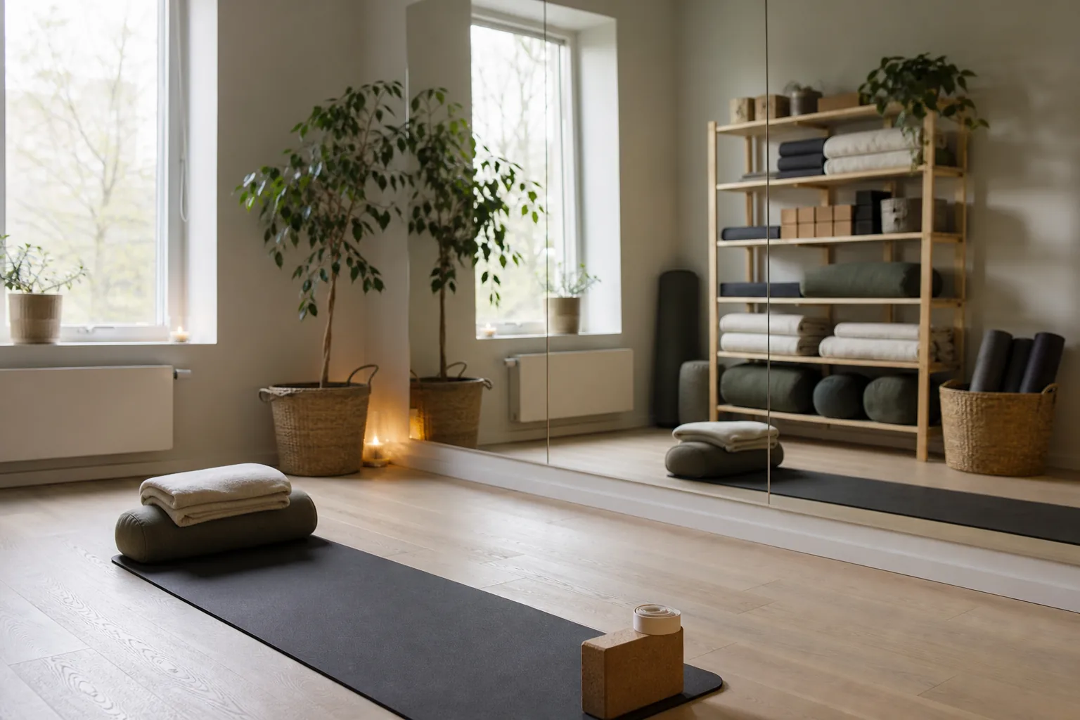 Avskilt yogarum hemma med matta, ljusinsläpp och öppen golvyta