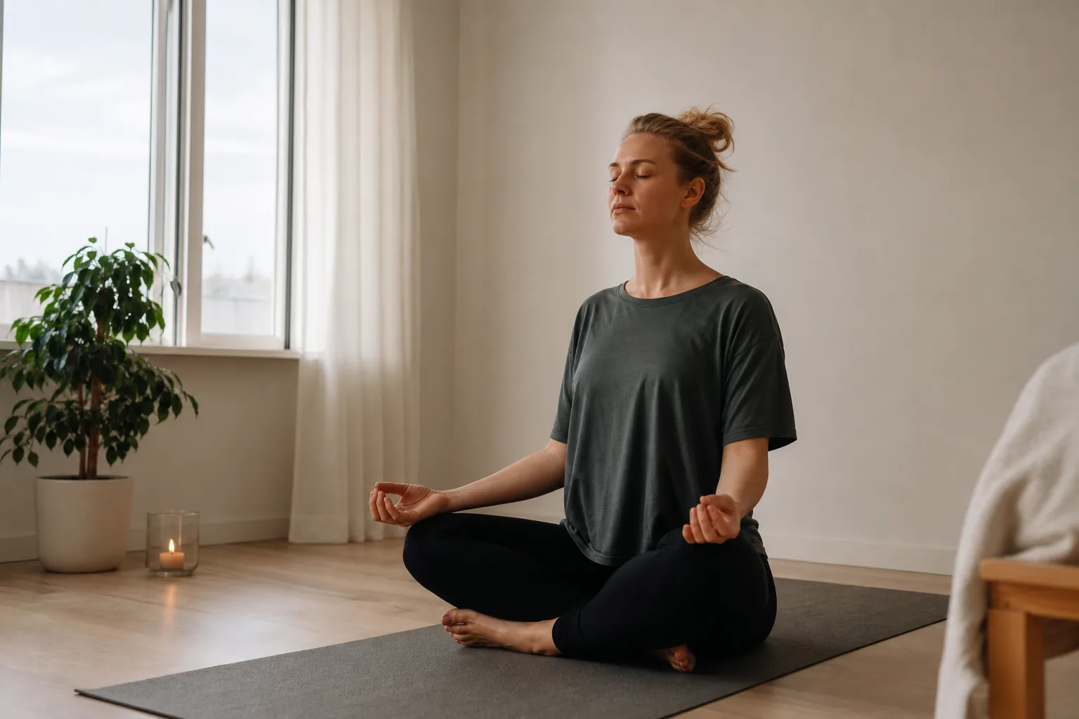 Person i lugn sittande position med händerna i knät under yoga vid stress