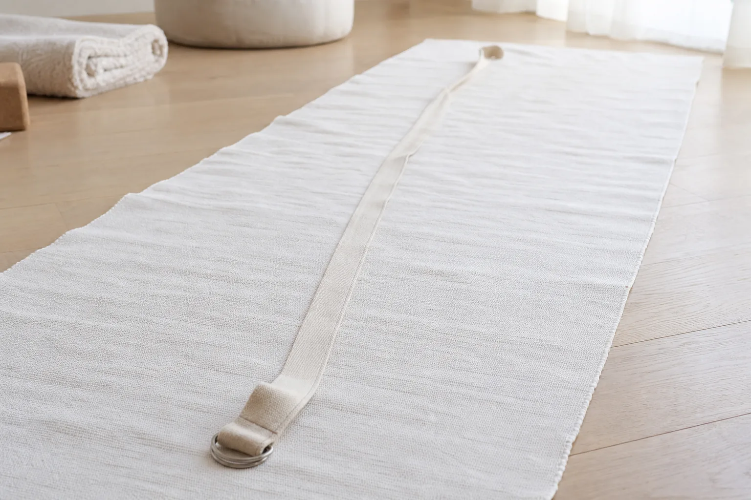 Yogabälte hoprullat bredvid en yogamatta