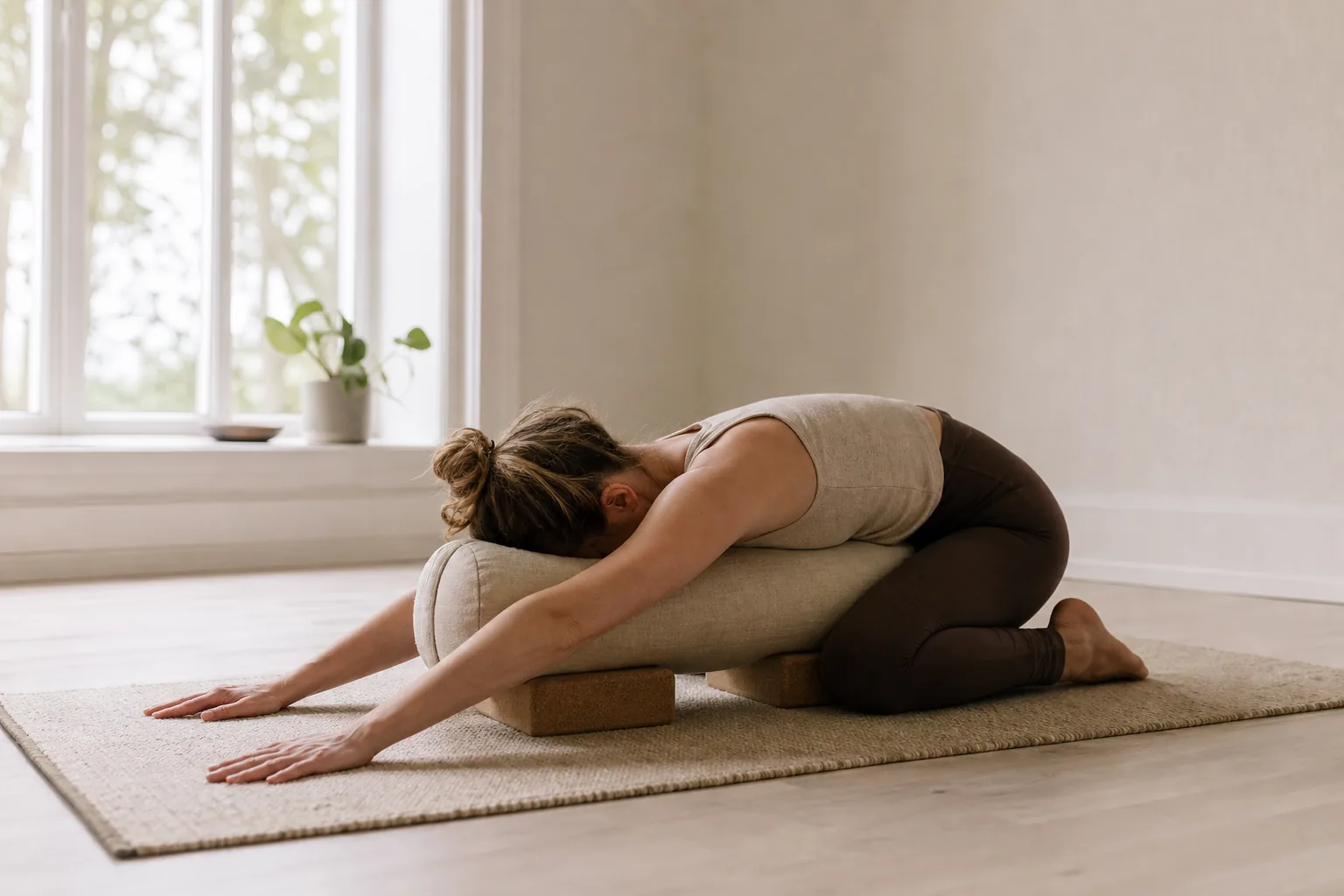 Rektangulärt yogabolster placerat på en matta för stödjande position